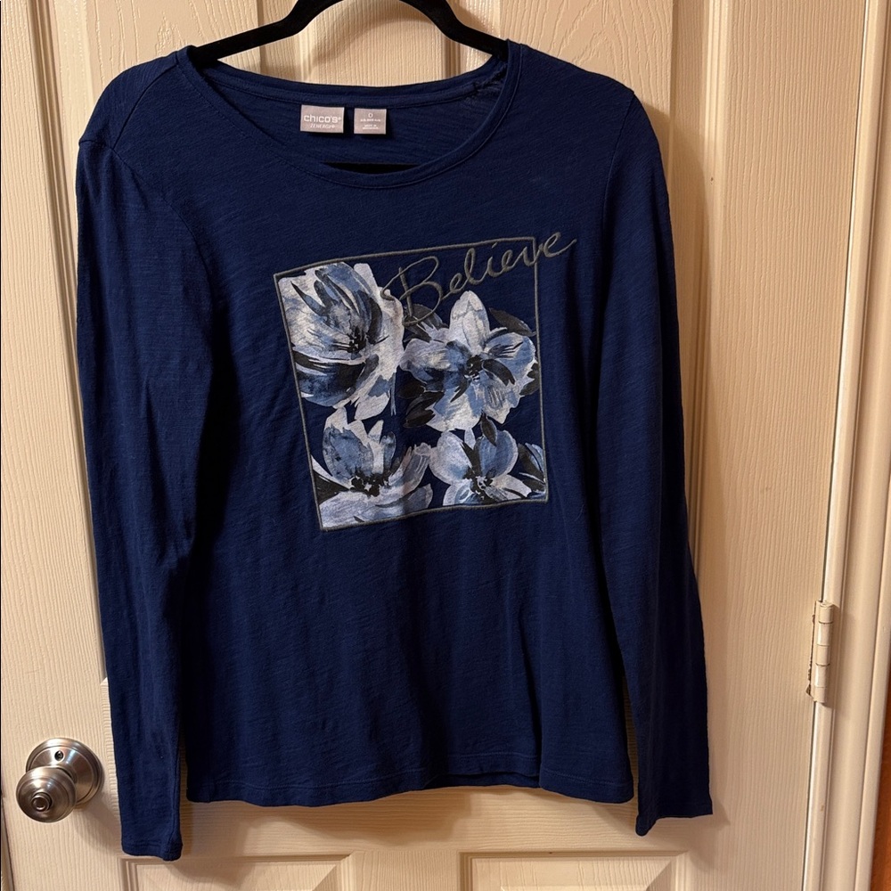 Chico’s Zenergy Navy Long Sleeve Floral Graphic Tee